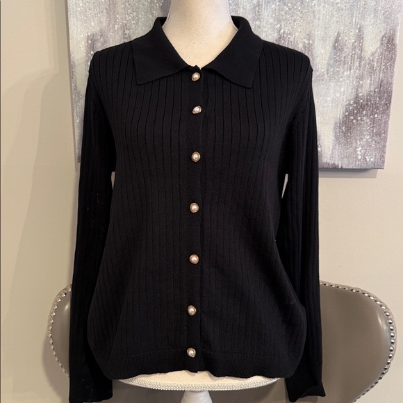 Nanette Lepore Sweaters - Nanette LePore Black Ribbed Pearl Button-Up Sweater Size Large
